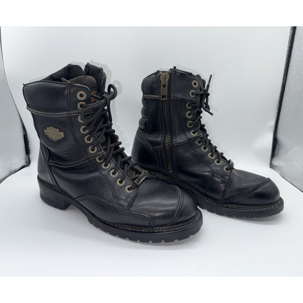 HARLEY DAVIDSON Men's Riding Boots Black Lace-up Leather Zip Motorcycle Size 8.5